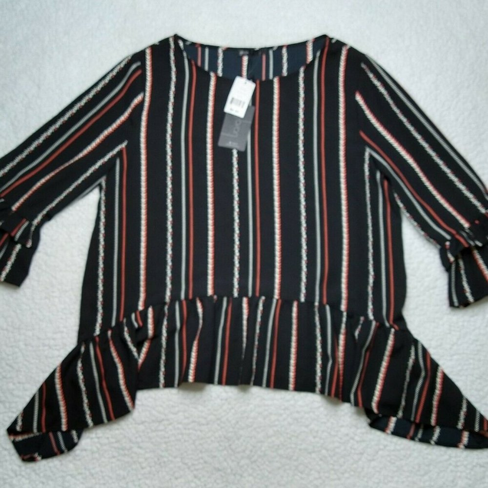 Gibsonlook Ruffle Sleeve Sharkbite Hem Blouse Size XL Black Ivory